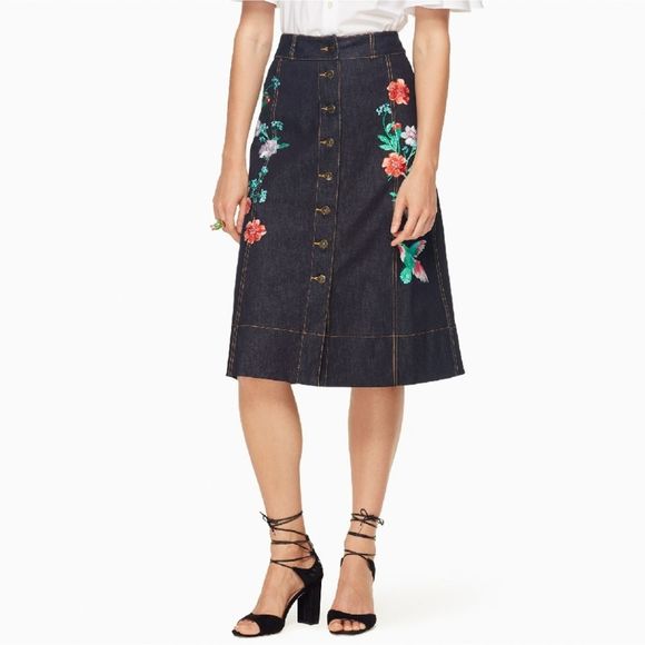 NWT Kate Spade Floral Embroidered Denim Midi Skirt